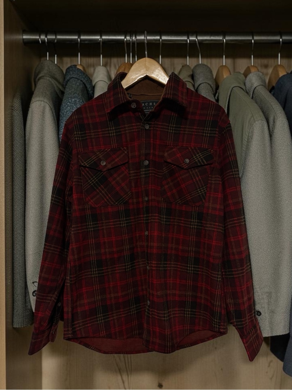 Jachs New York Burgundy and Black Plaid Shirt Jacket